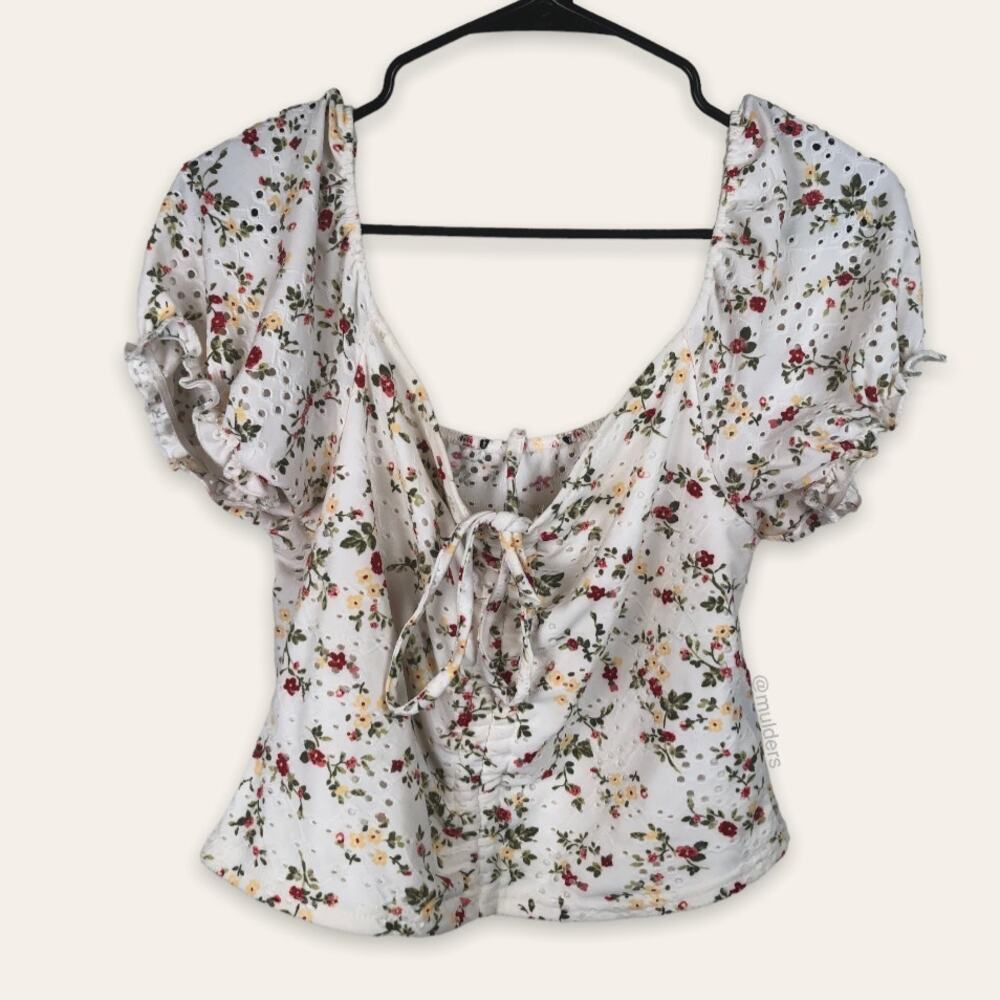 Mark Edwards White Floral Print Ruffle Sleeve Boho Bohemian Cropped Crop Top
